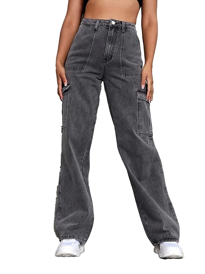 Vegles Women's Charcoal Grey Cargo Wide-Leg Jeans