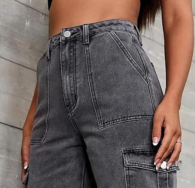 Vegles Women's Charcoal Grey Cargo Wide-Leg Jeans