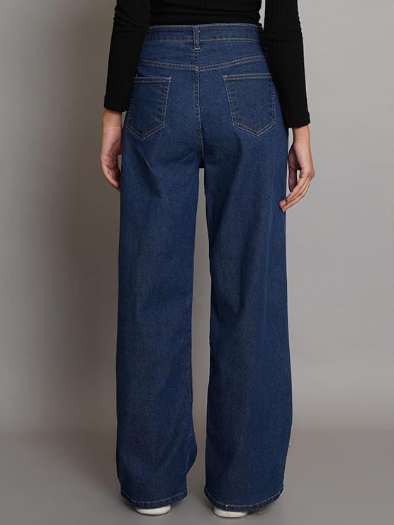 Vegles Women's Dark Blue Wide-Leg High-Waisted Denim Jeans