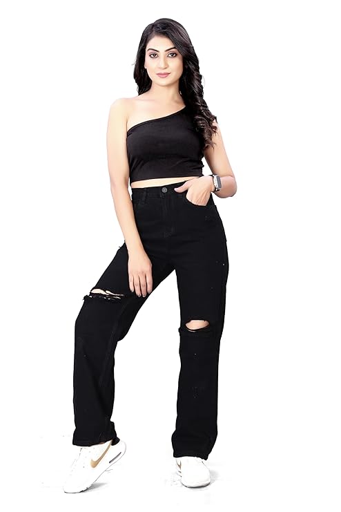 Vegles Women's Black Ripped High-Waist Straight Fit Jeans