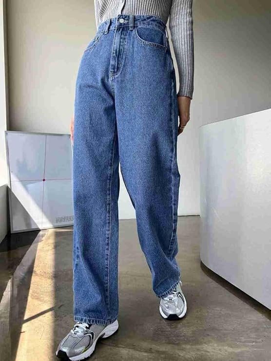 Vegles Women's High-Waisted Straight-Leg Blue Denim Jeans