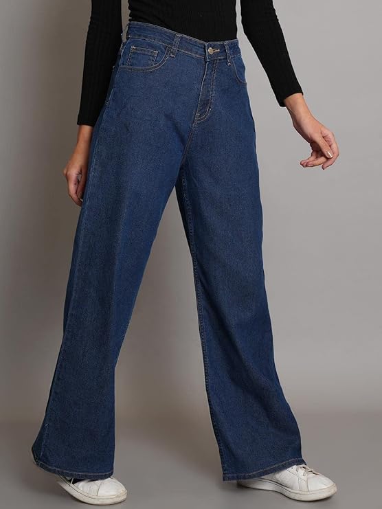 Vegles Women's Dark Blue Wide-Leg High-Waisted Denim Jeans
