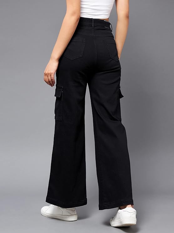 Vegles Women's High-Waist Black Cargo Wide-Leg Jeans