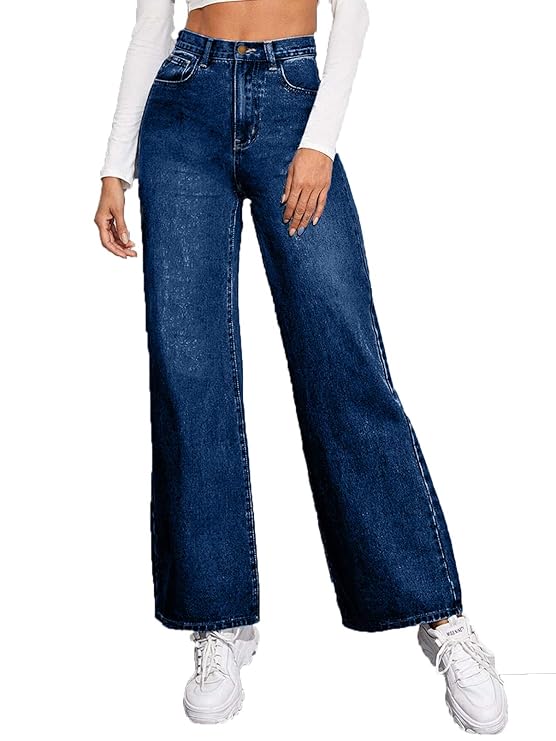 Vegles Women's Dark Blue High-Waist Wide-Leg Denim Jeans