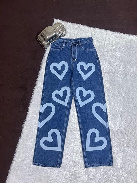 Vegles Women's Dark Blue Heart Print Straight Leg Jeans
