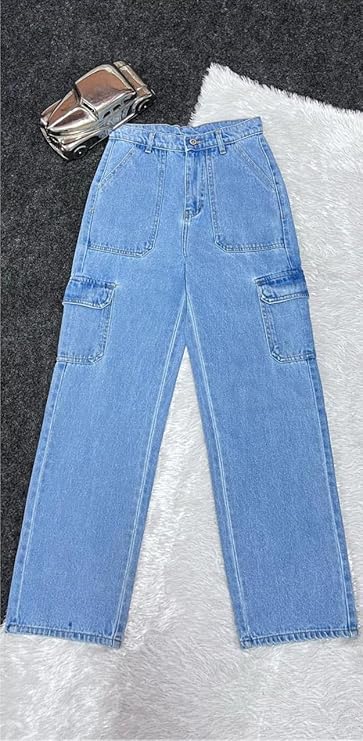 Vegles Women's Light Blue High-Rise Utility Cargo Jeans