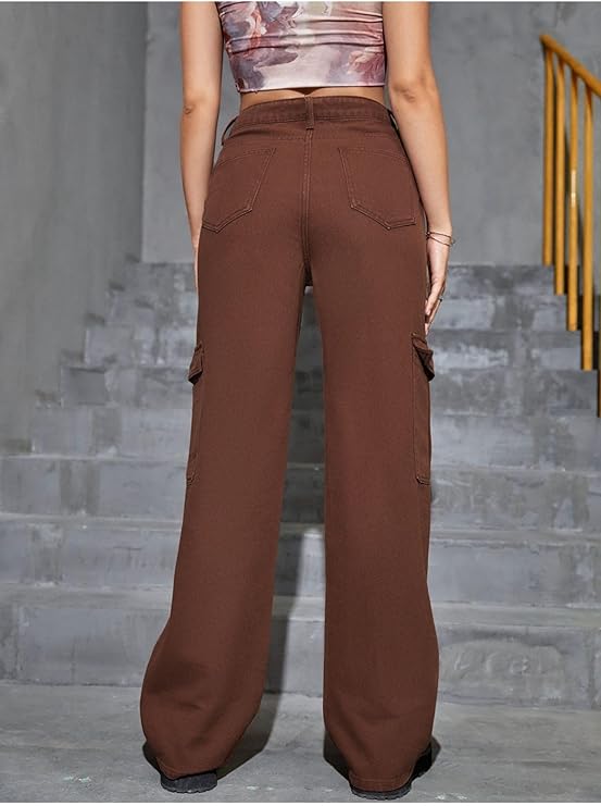 Vegles Women's Brown High-Waist Cargo Wide-Leg Pants
