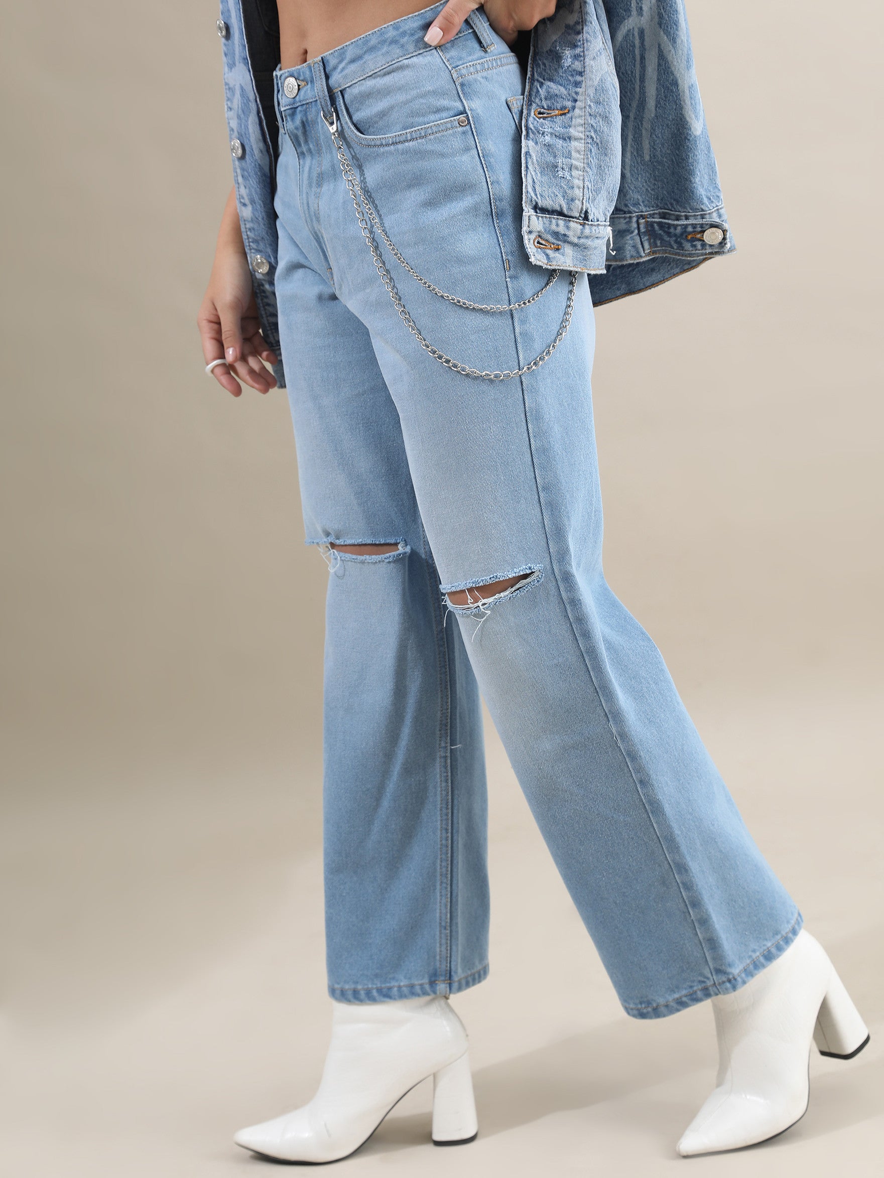Vegles Women's Light Blue High Waist Wide-Leg Distressed Jeans