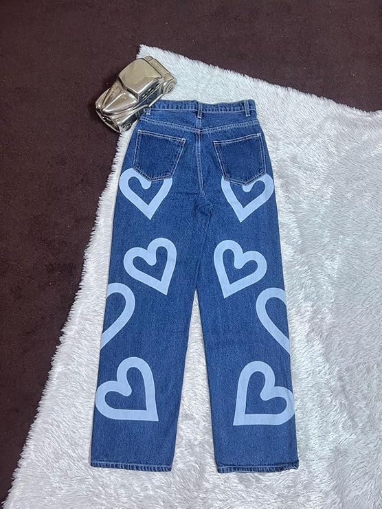 Vegles Women's Dark Blue Heart Print Straight Leg Jeans