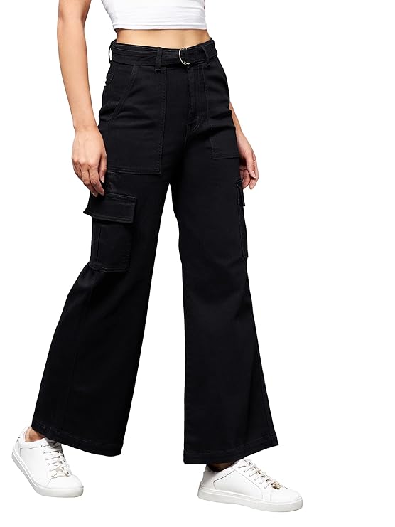 Vegles Women's High-Waist Black Cargo Wide-Leg Jeans