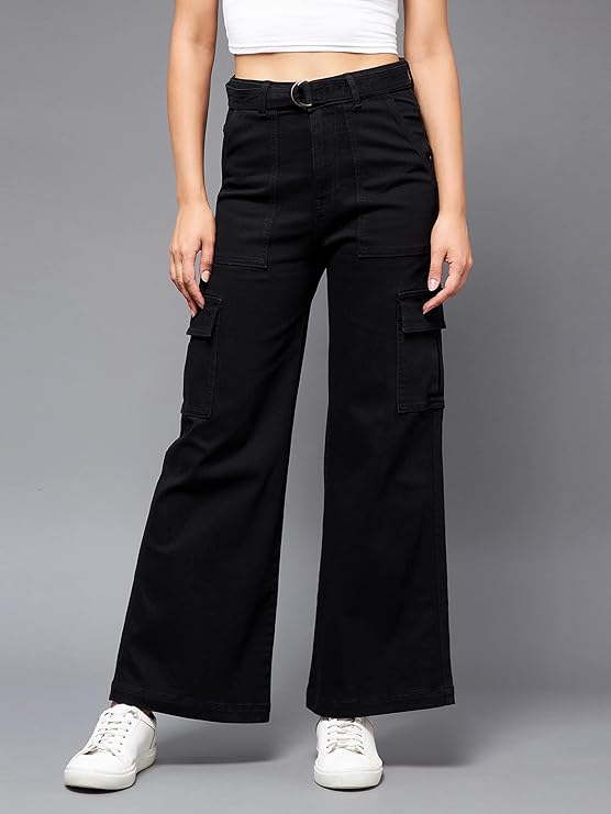 Vegles Women's High-Waist Black Cargo Wide-Leg Jeans