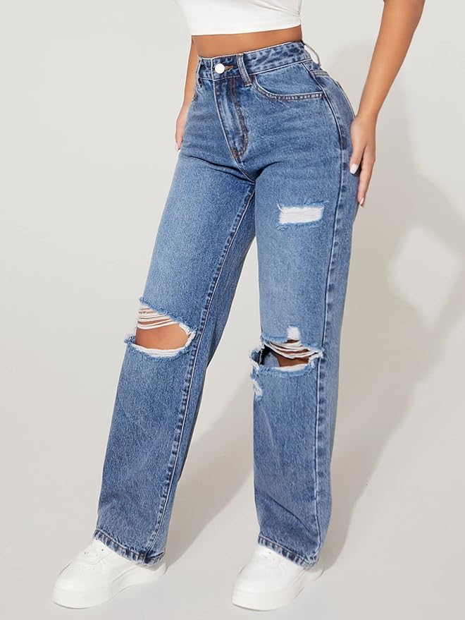 Vegles Ripped High Waist Straight Fit Jeans