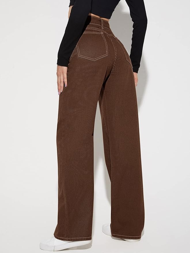 Vegles Women's High-Waist Wide-Leg Brown Denim Jeans