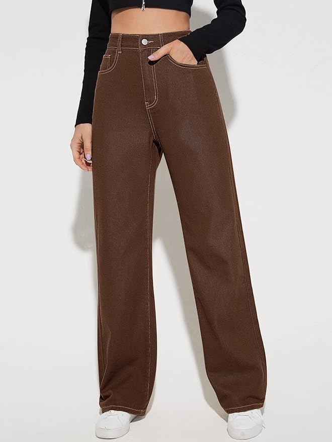 Vegles Women's High-Waist Wide-Leg Brown Denim Jeans