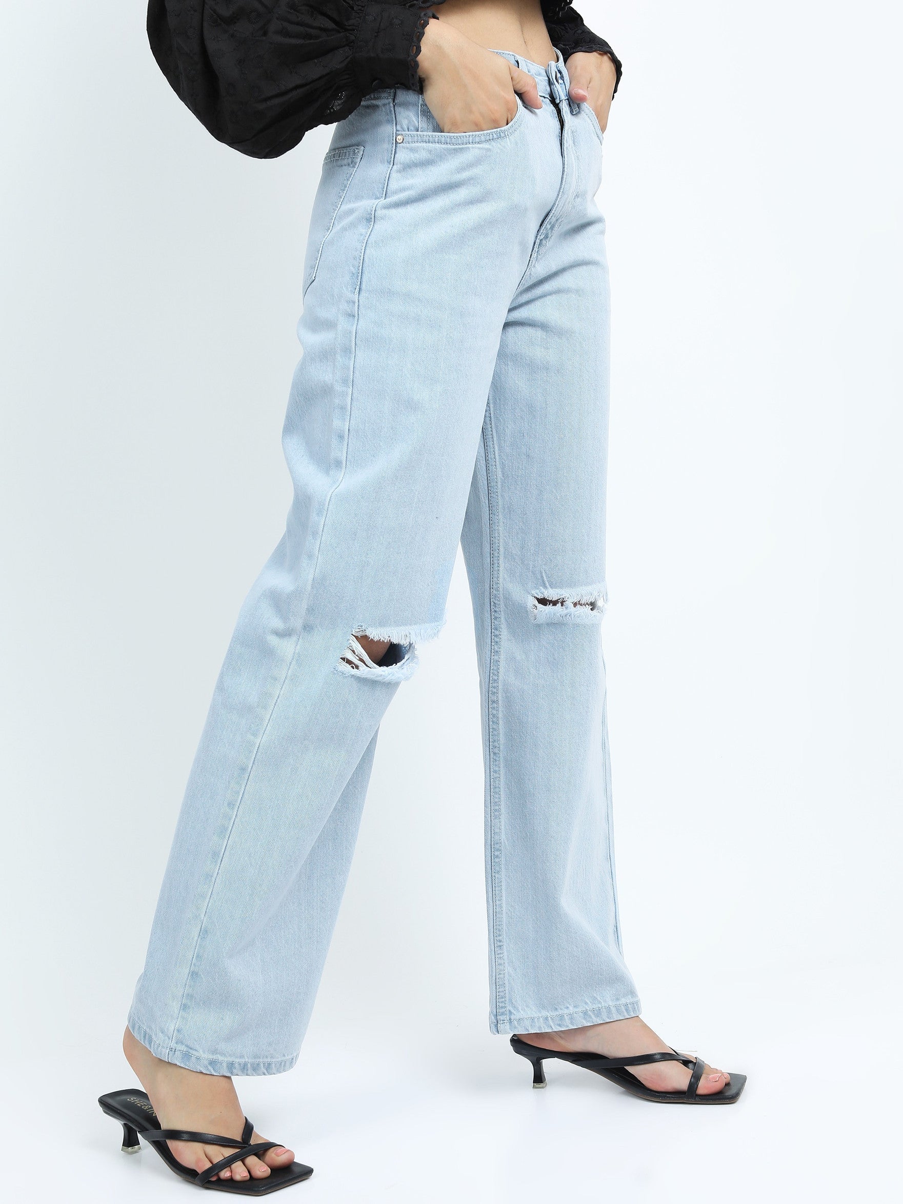 Vegles Women's Light Blue Distressed Wide-Leg Jeans