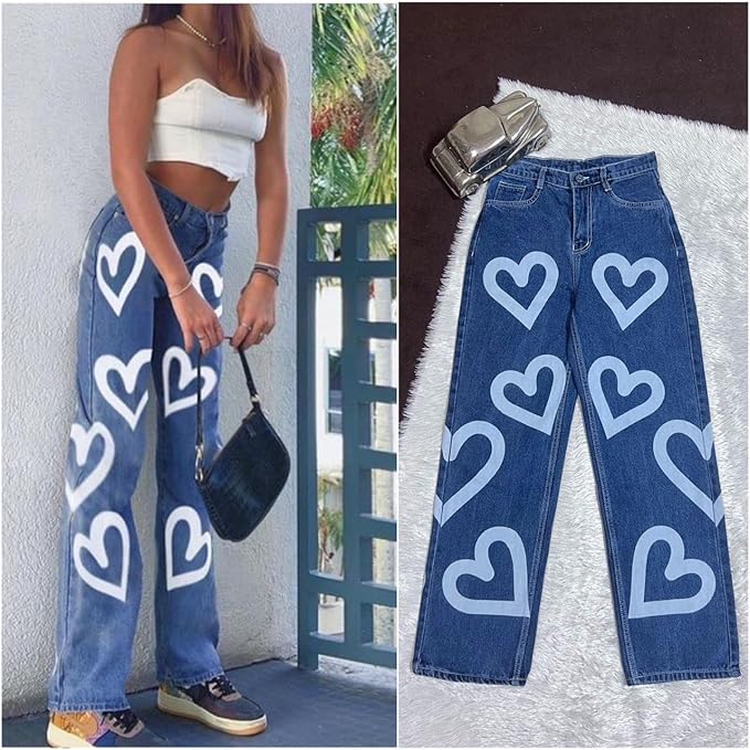 Vegles Women's Dark Blue Heart Print Straight Leg Jeans