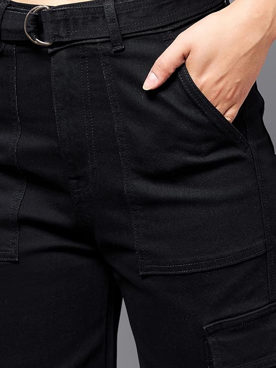 Vegles Women's High-Waist Black Cargo Wide-Leg Jeans