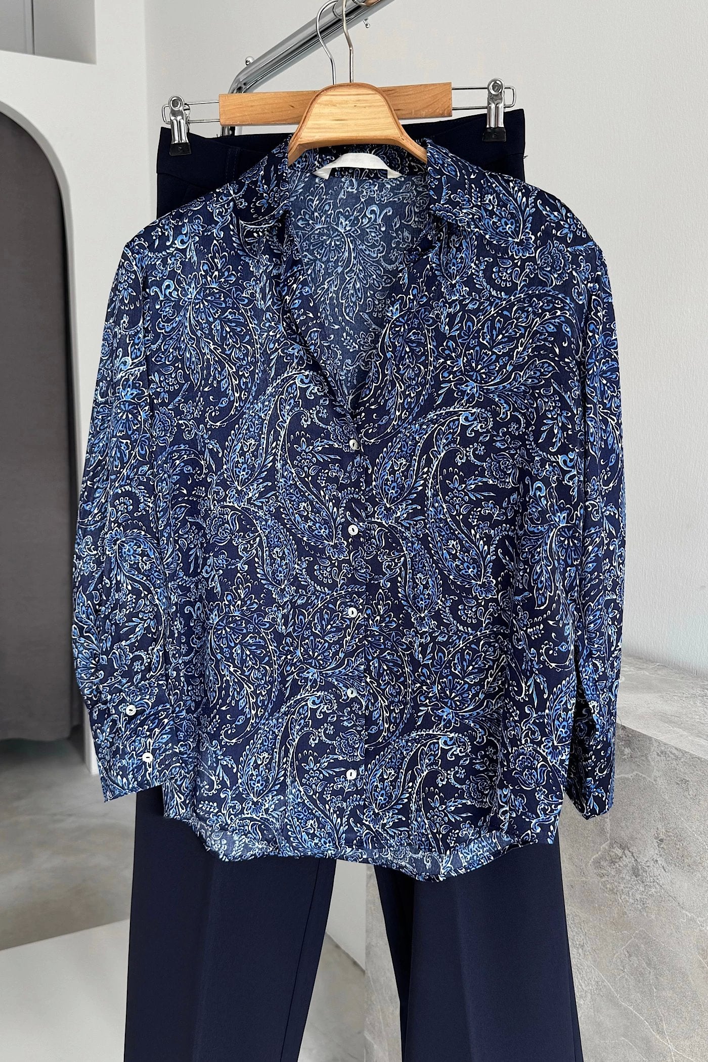 Vegles Navy Blue Paisley Print Button-Down Over-Size Shirt