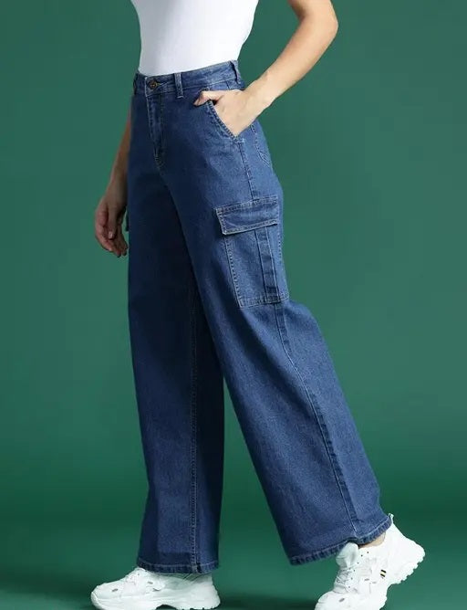 Vegles Women's Dark Blue Wide-Leg Cargo Jeans