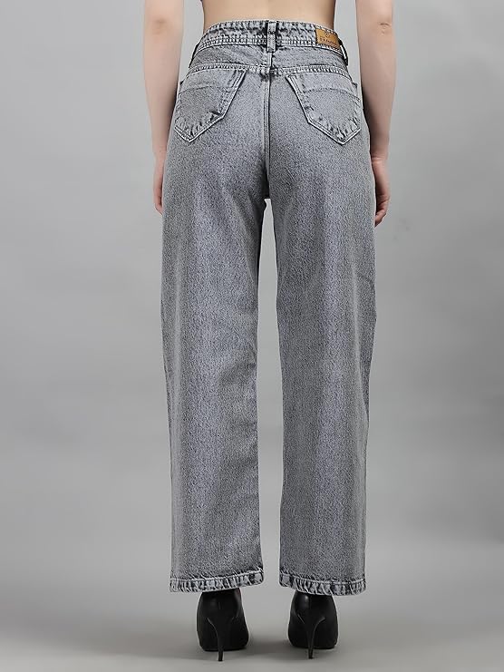 Vegles Women's Grey High-Waist Straight Fit Jeans