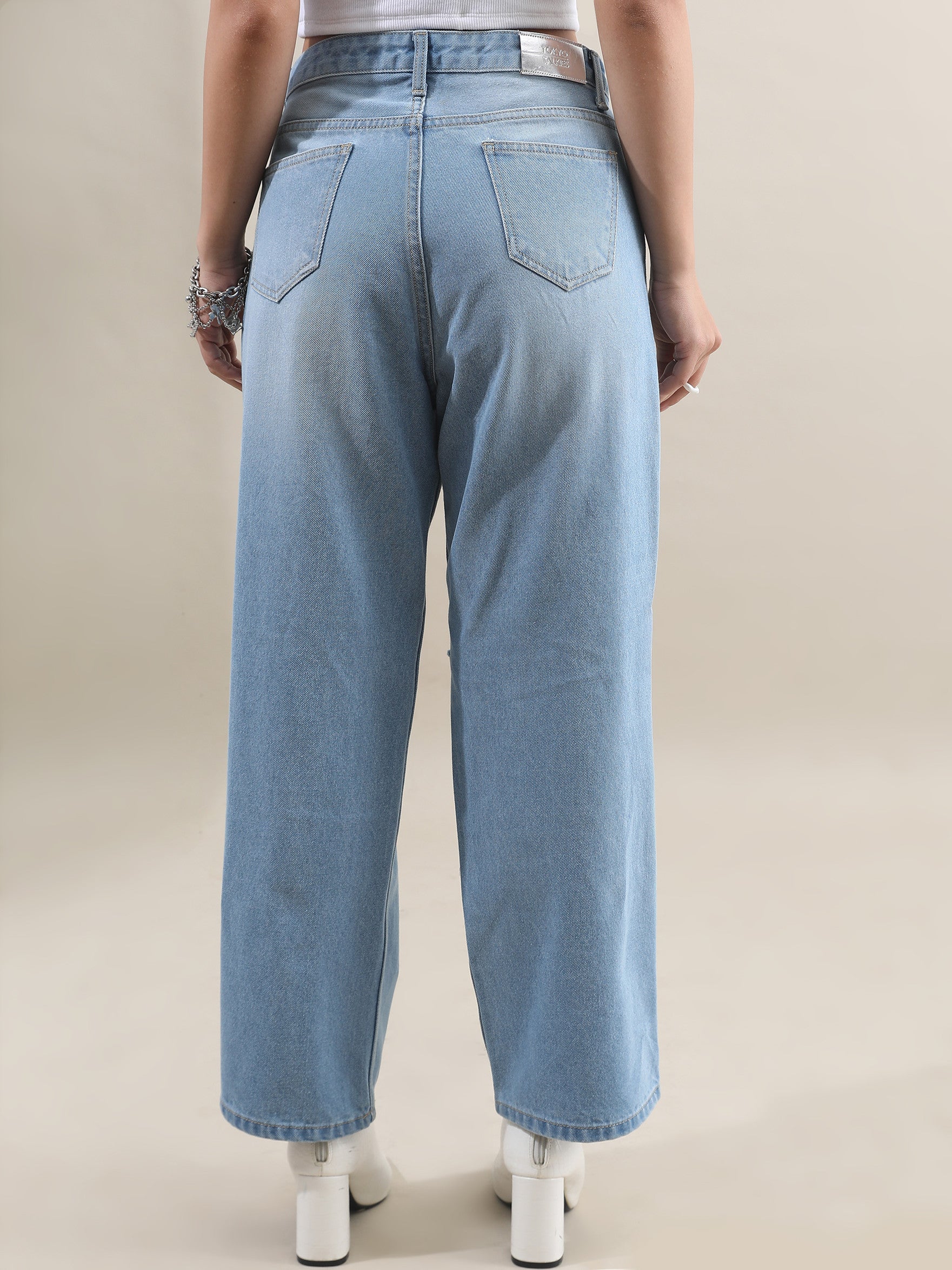 Vegles Women's Light Blue High Waist Wide-Leg Distressed Jeans