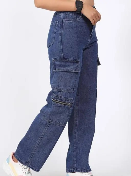 Vegles Women's High-Waist Denim Cargo Jeans