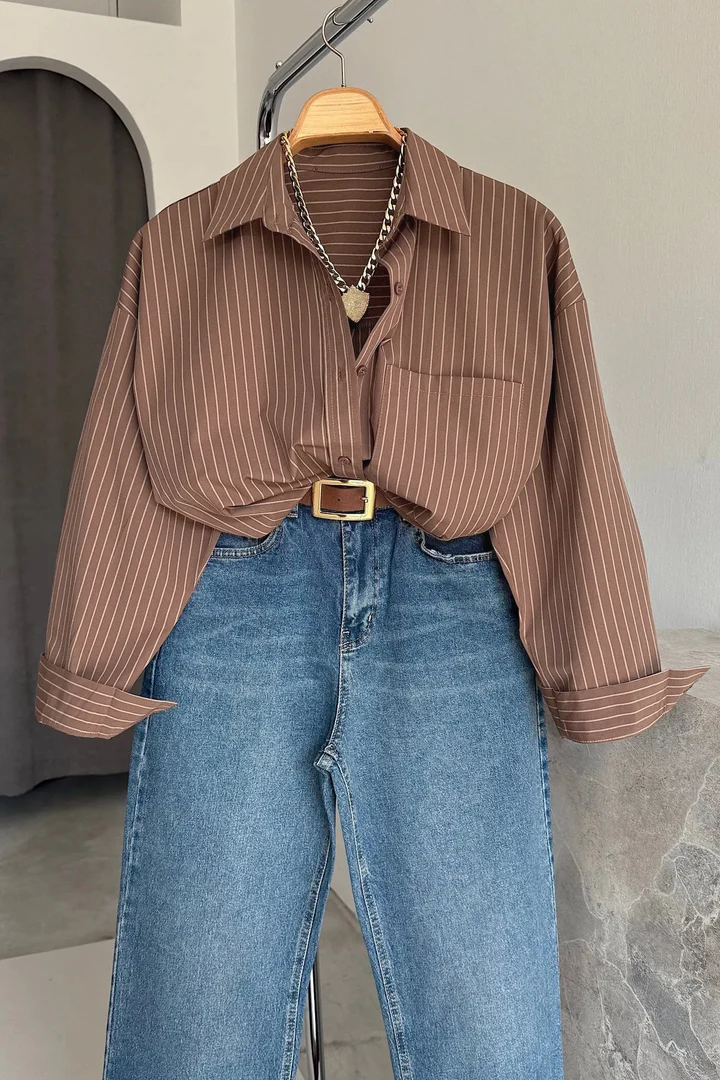 Vegles Striped Over-Size Shirt - Brown