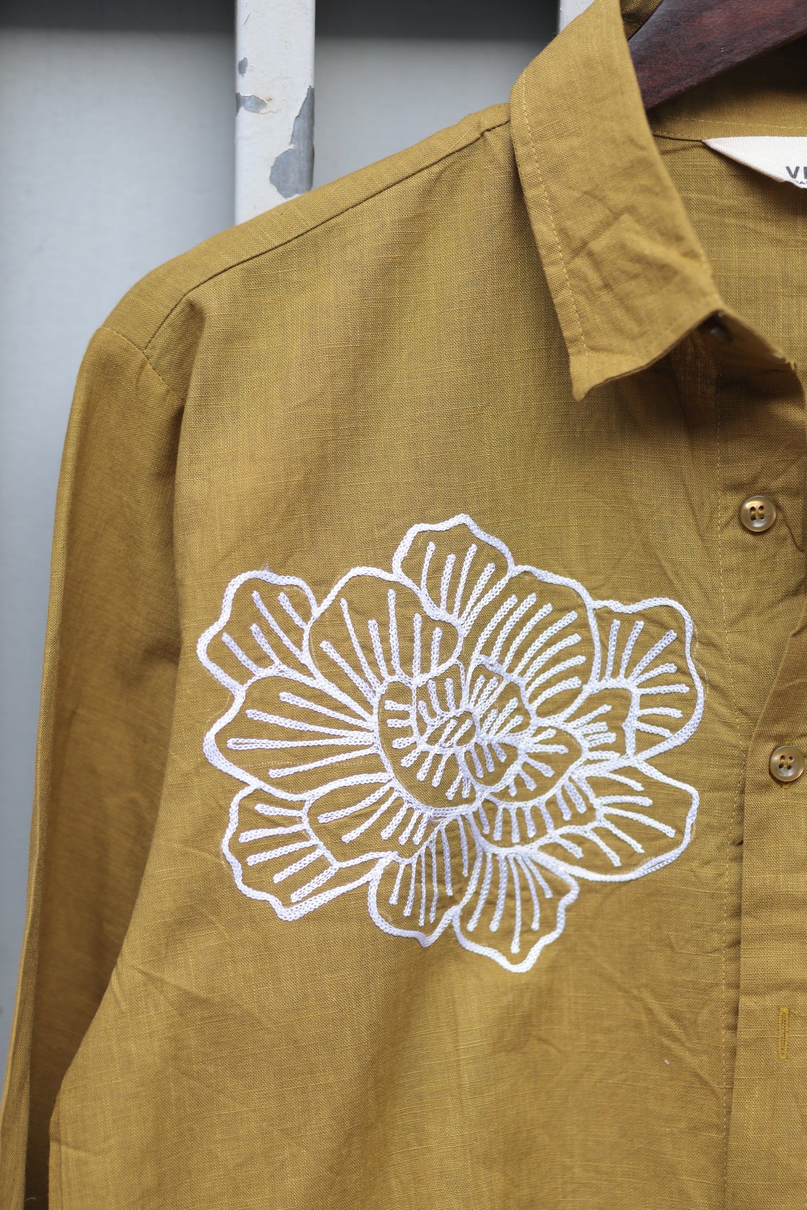Vegles-Mustard Cotton Linen Shirt with White Floral Embroidery