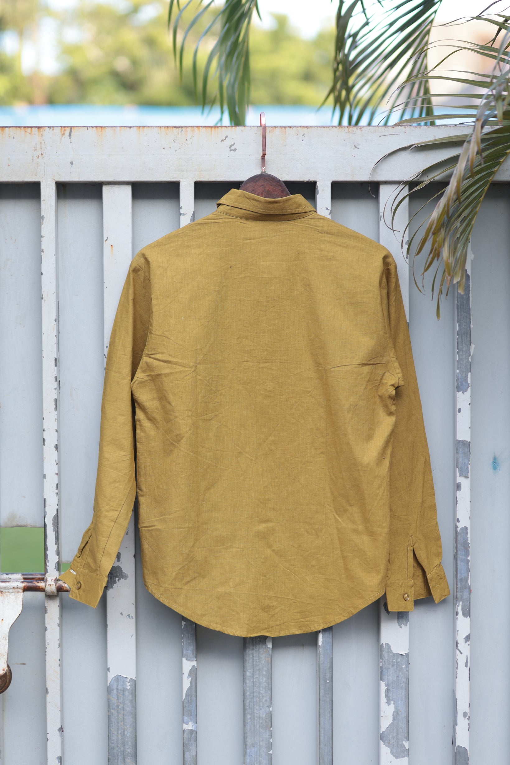 Vegles-Mustard Cotton Linen Shirt with White Floral Embroidery