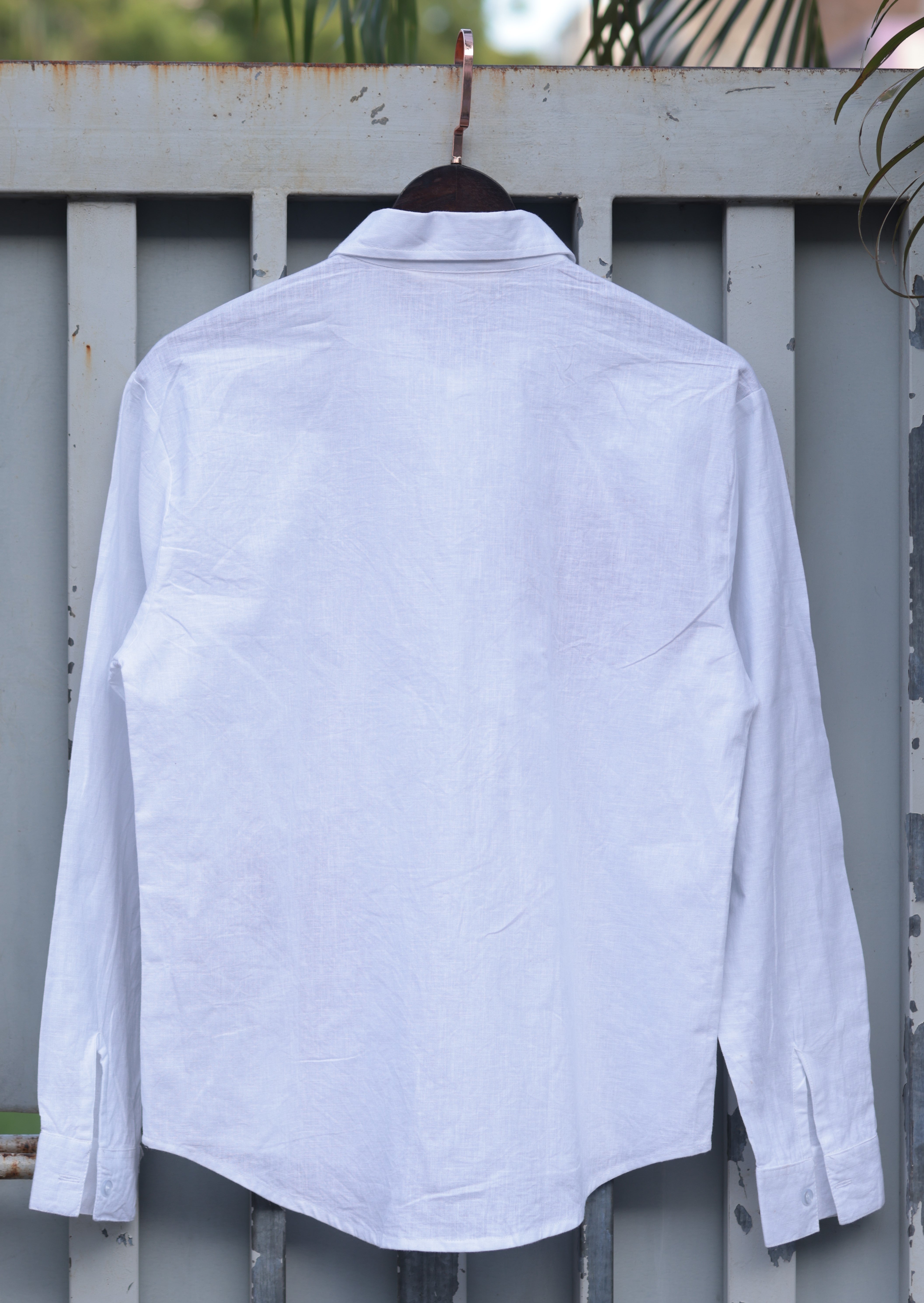 Vegels-White Cotton Linen Shirt with Minimal Floral Embroidery