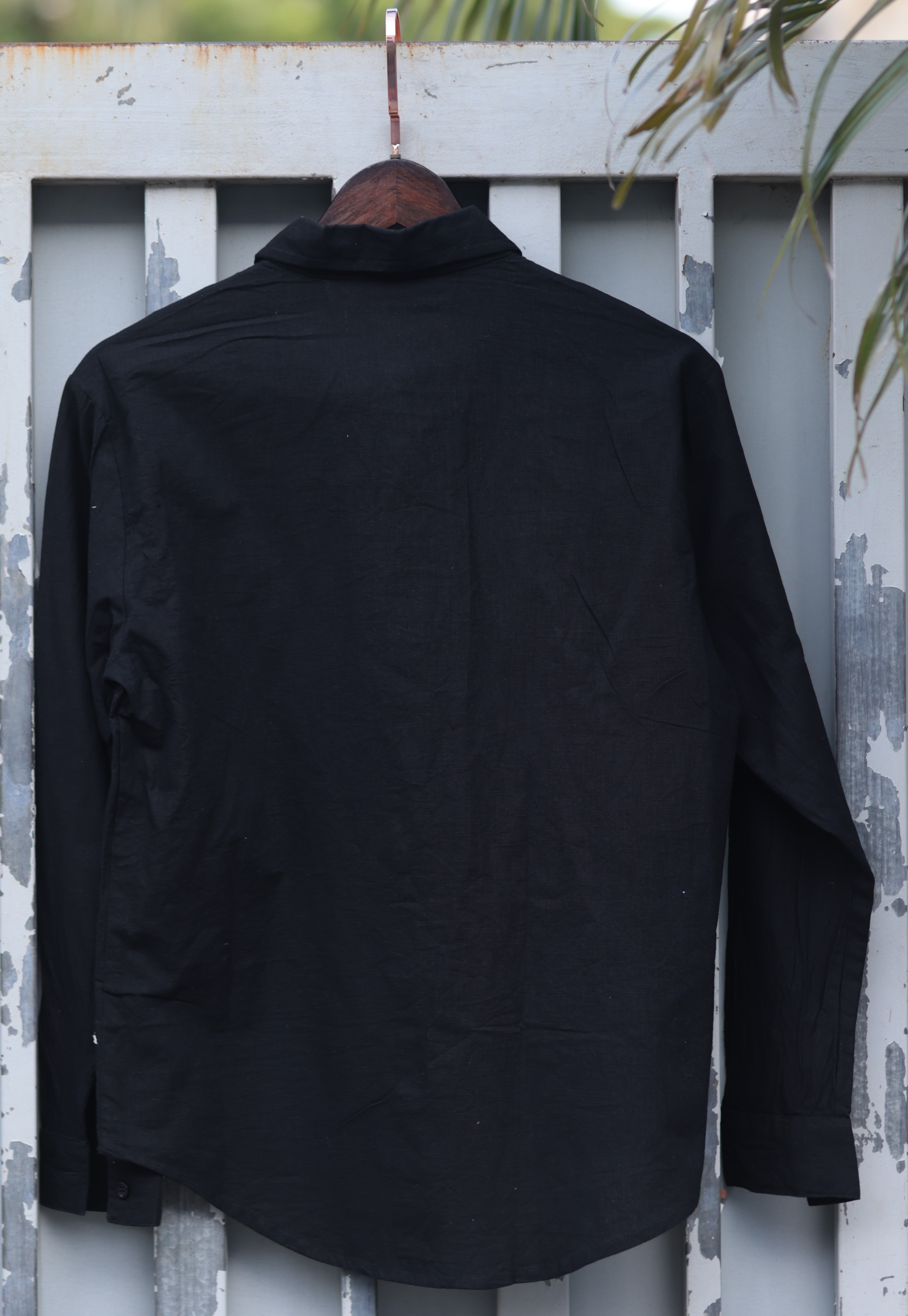 Vegles-Black Cotton Linen Shirt with Minimal Floral Embroidery
