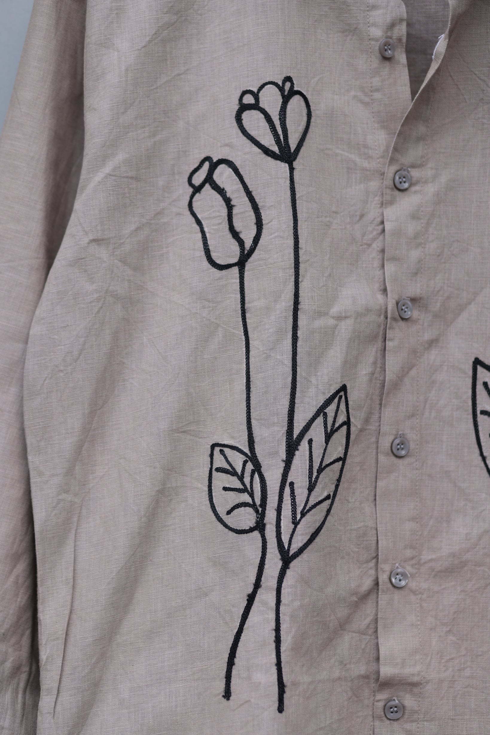 Vegles-Floral Stem Embroidered Cotton Linen Shirt