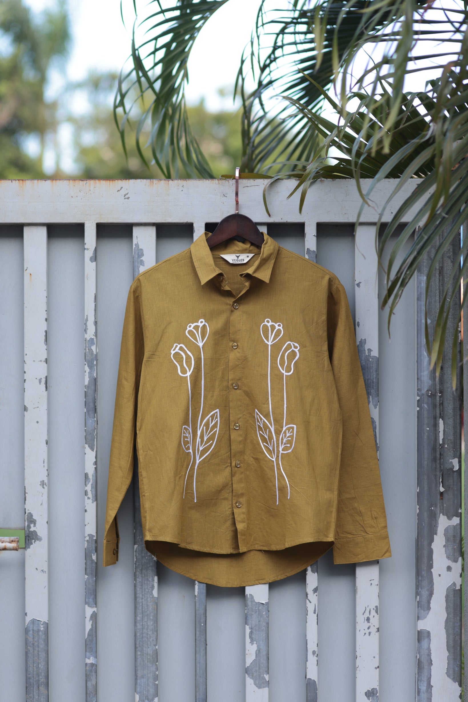 Vegles-Floral Stem Embroidered Cotton Linen Shirt