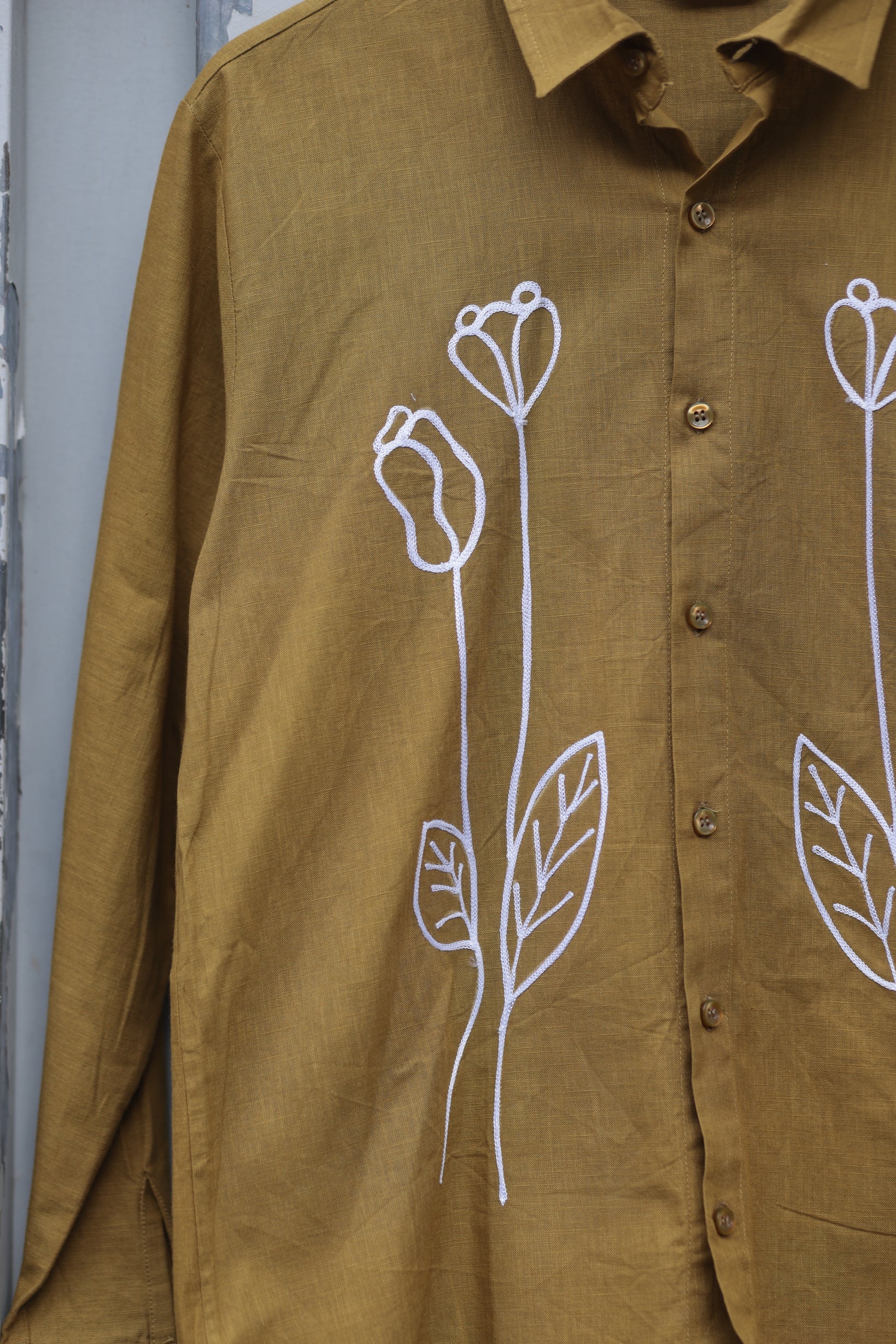 Vegles-Mustard Cotton Linen Shirt with Minimal Floral Embroidery