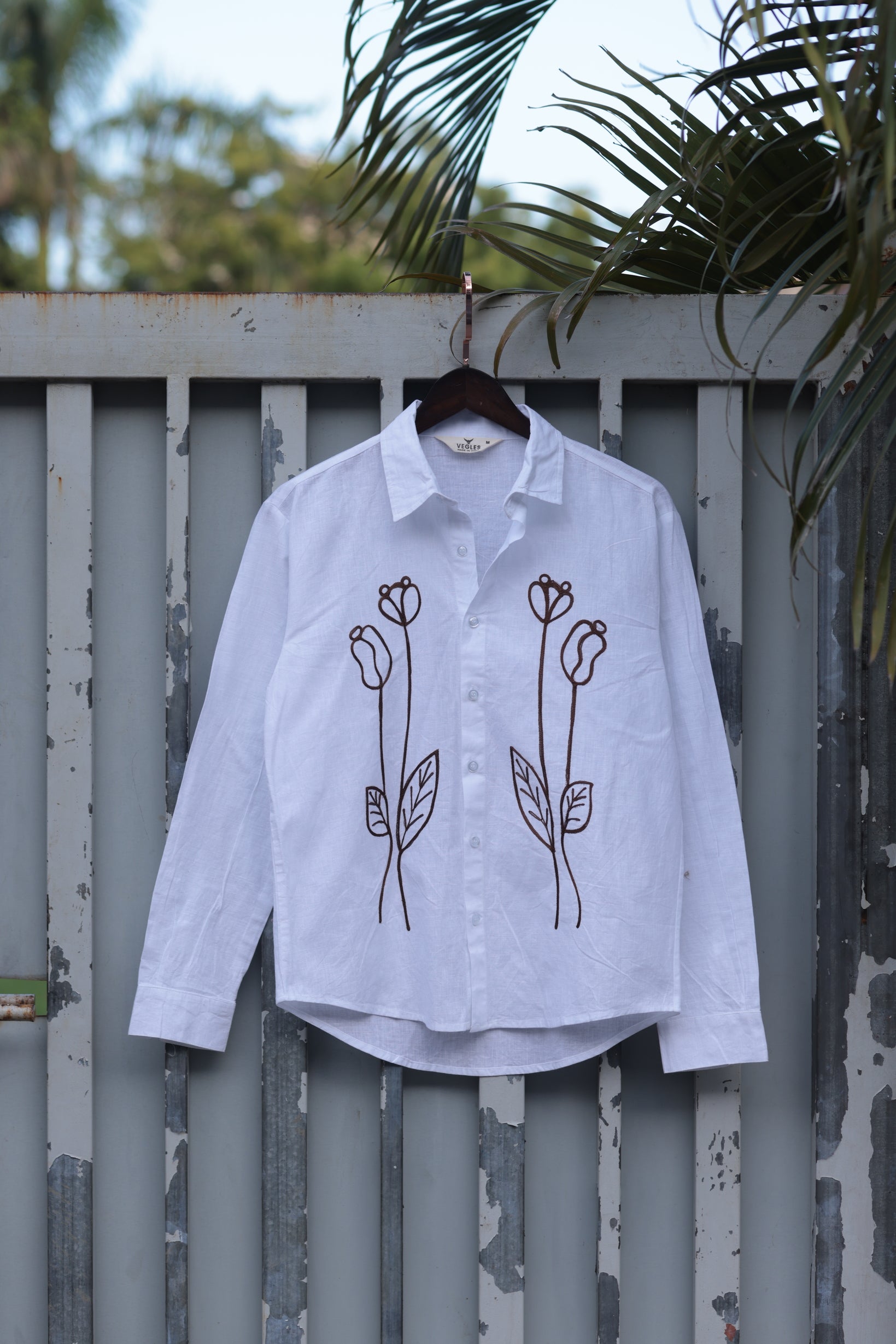 Vegles-Floral Stem Embroidered Cotton Linen Shirt