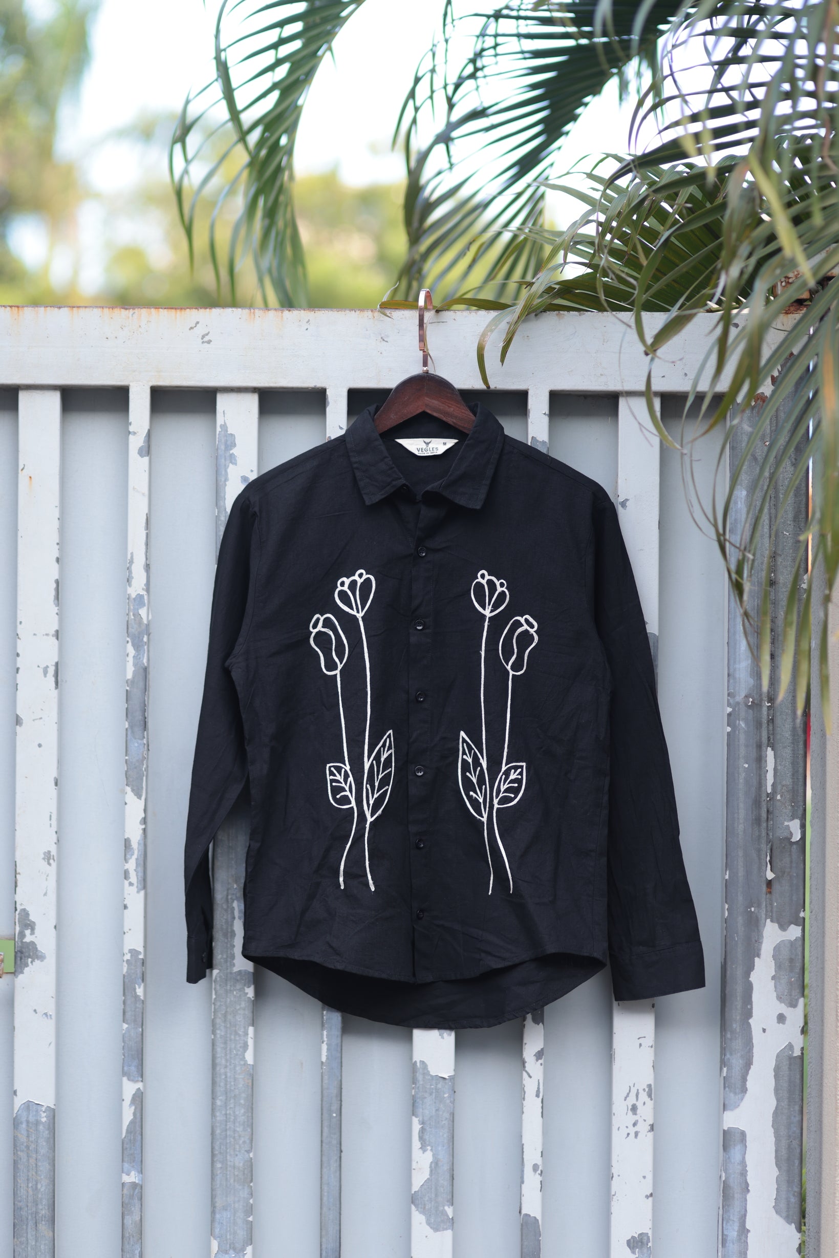 Vegles-Black Cotton Linen Shirt with Minimal Floral Embroidery