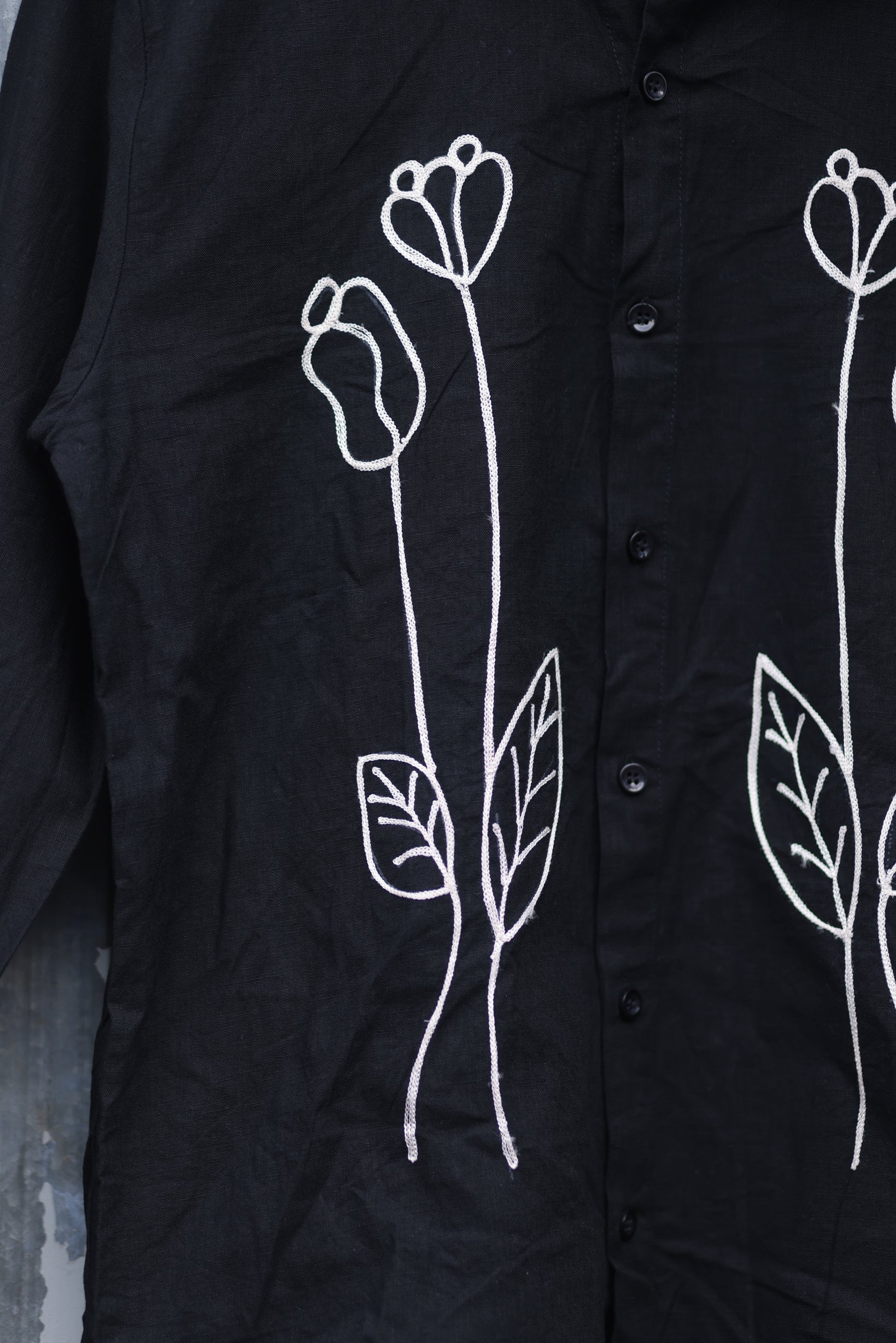 Vegles-Black Cotton Linen Shirt with Minimal Floral Embroidery