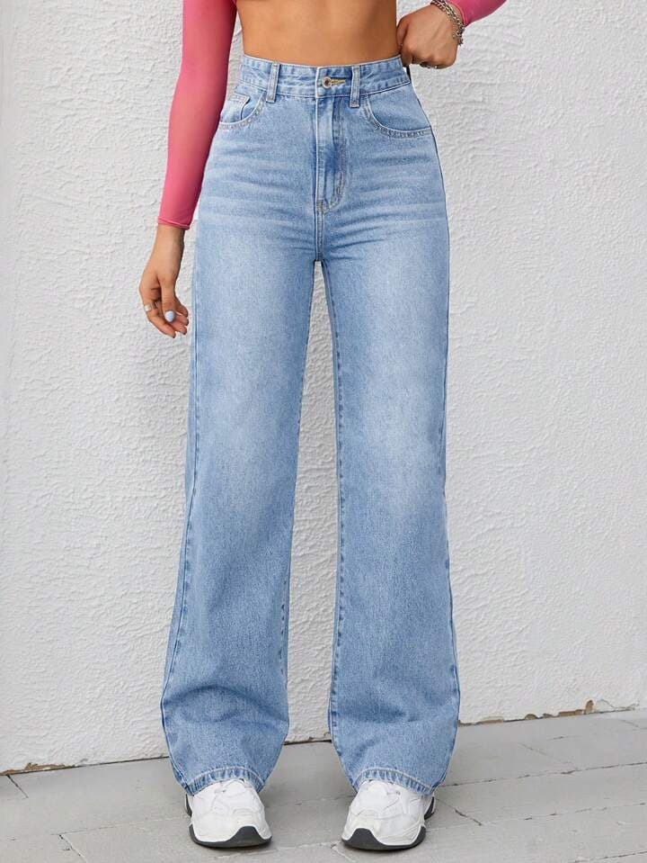Vegles Women's Classic High-Waist Straight Wide-Leg Jeans - Light Blue
