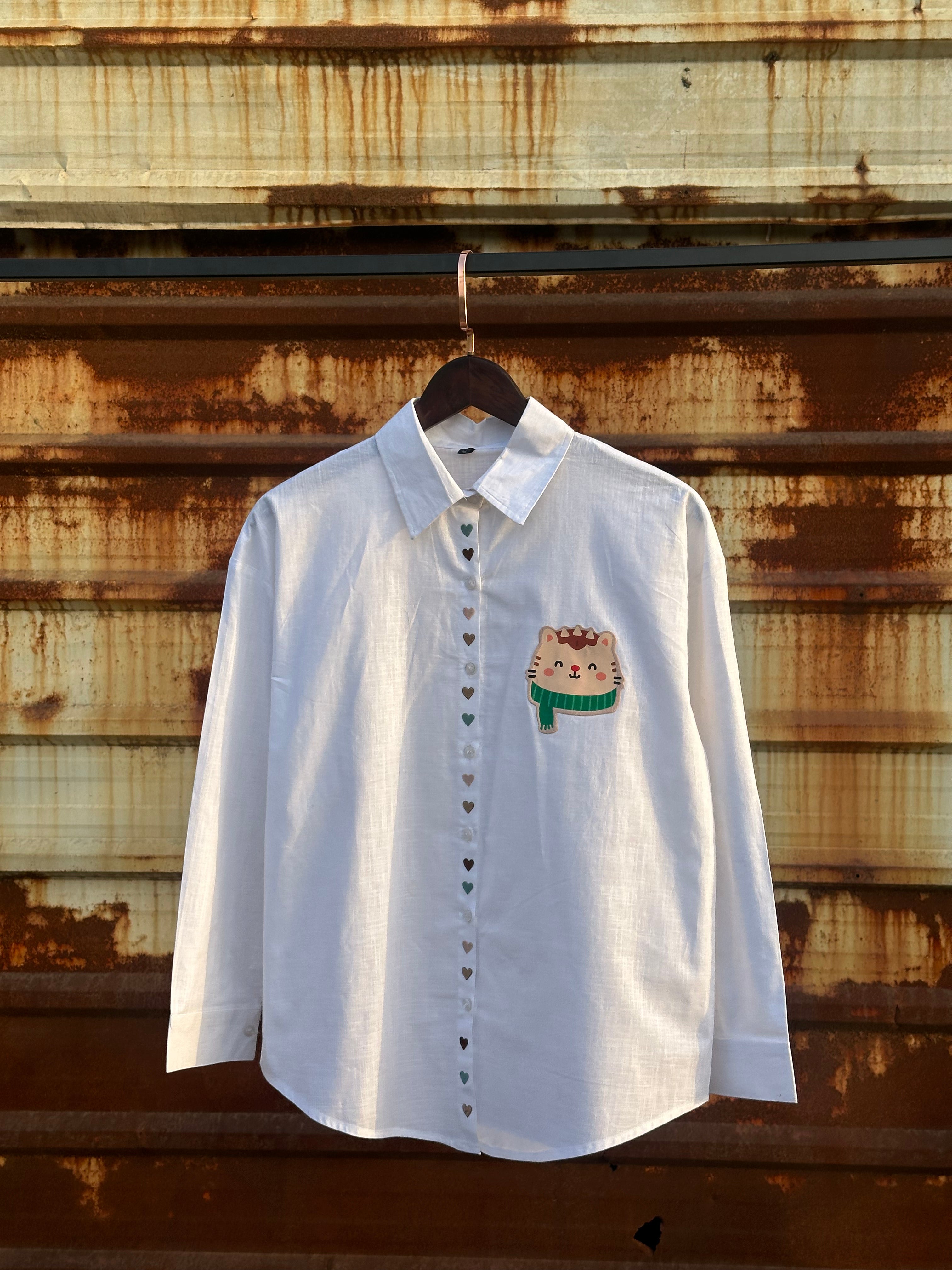 Vegles-Kawaii Cat Heart Button Shirt – White Edition