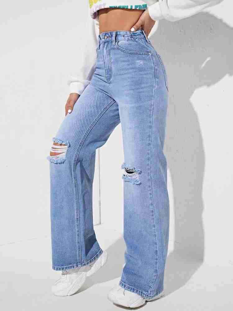 Vegles Light Blue High-Waist Distressed Straight-Leg Jeans