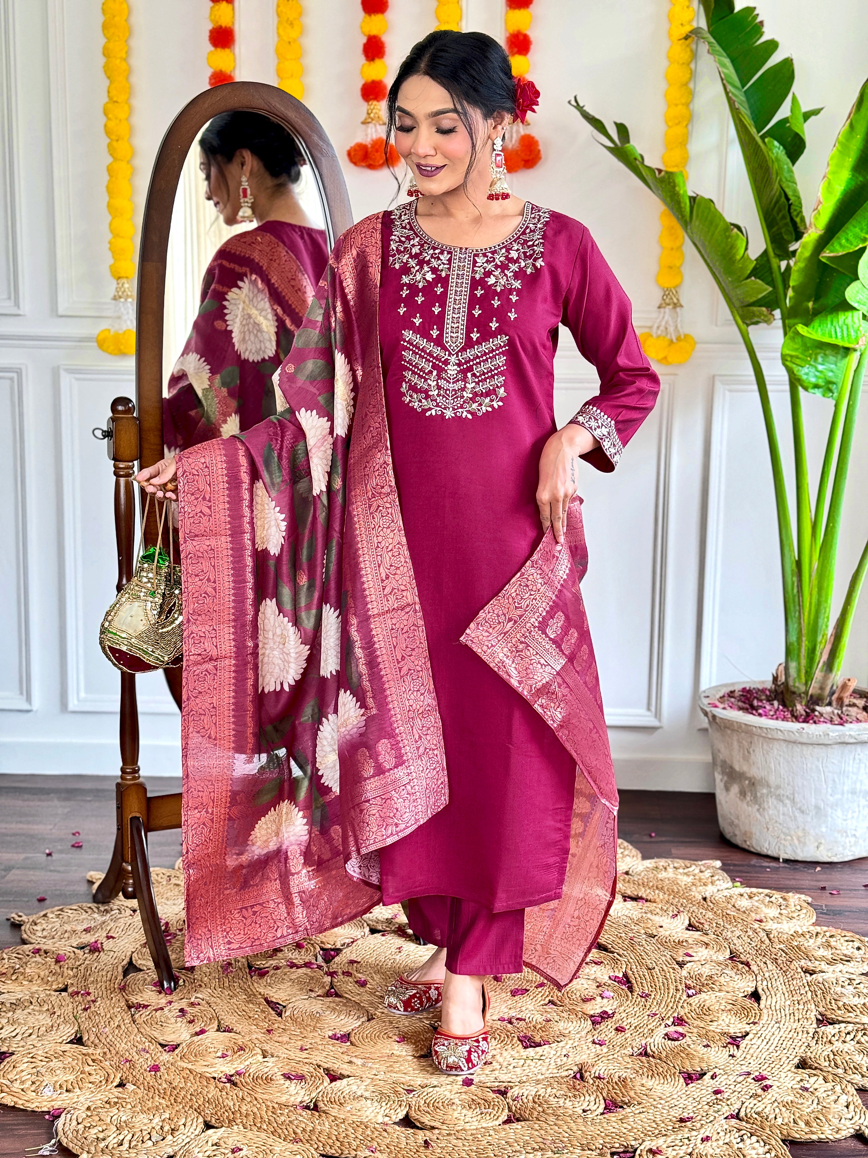 Vegles Embroidered Straight Kurti with Pants & Dupatta