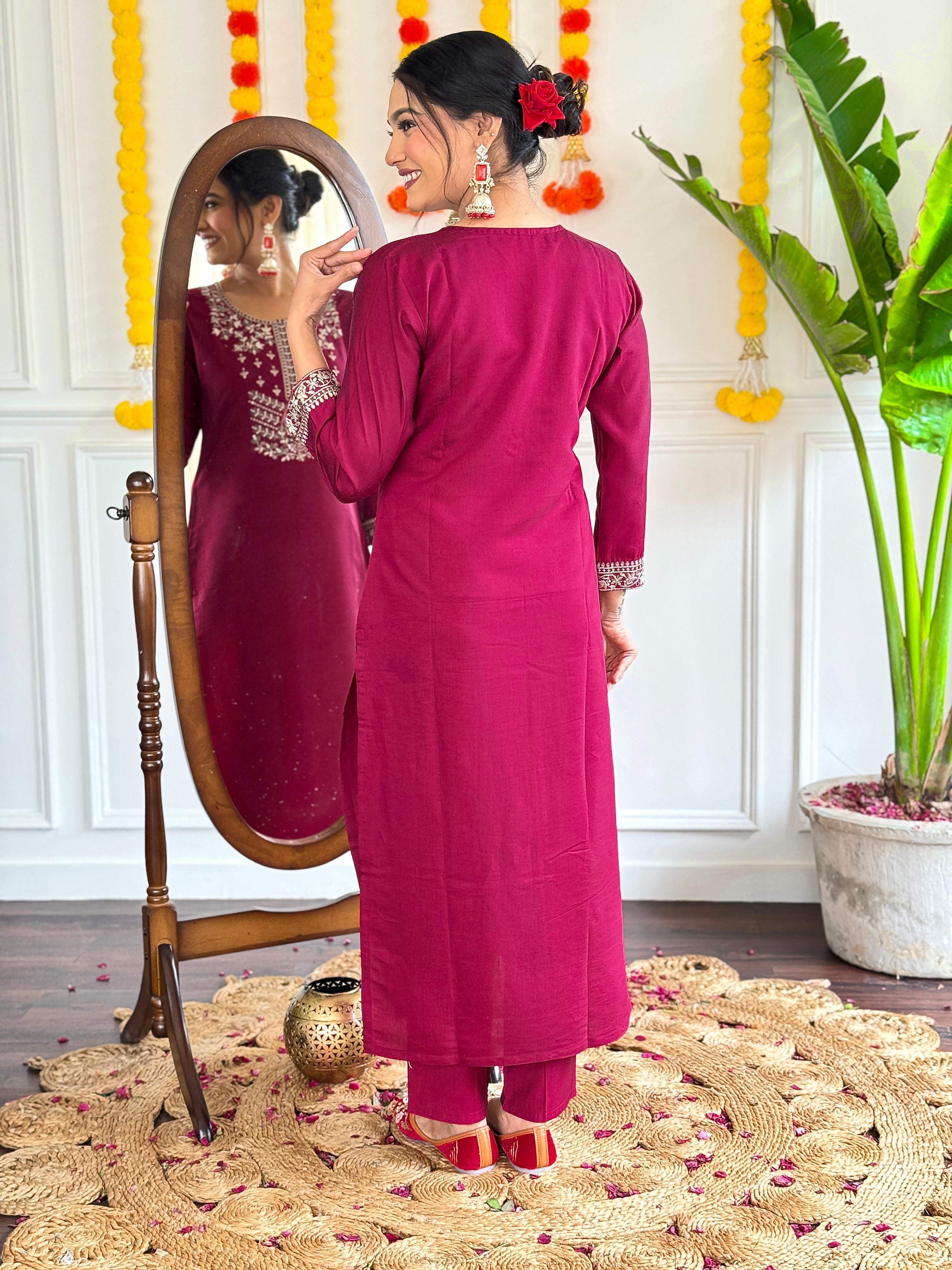 Vegles Embroidered Straight Kurti with Pants & Dupatta