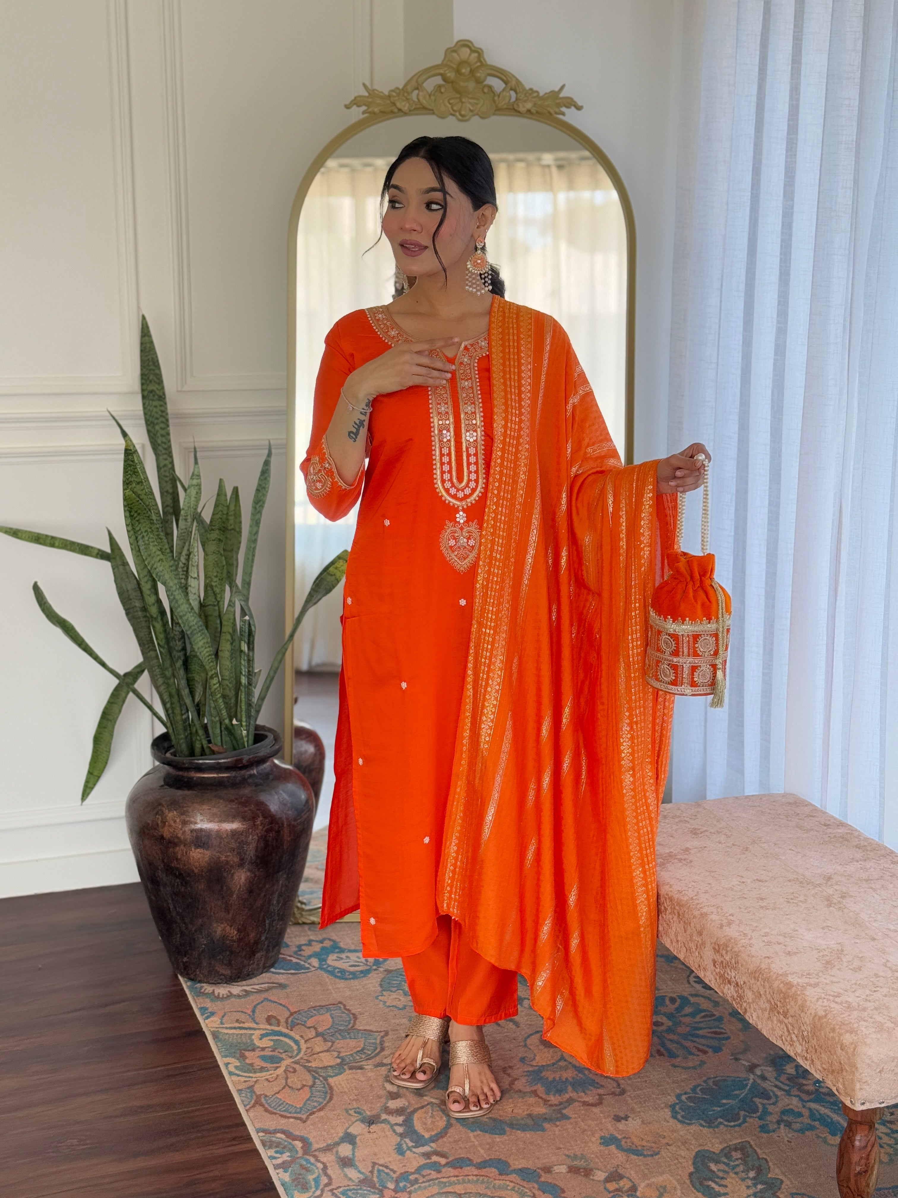 Vegles Embroidered Straight Kurti with Pants & Dupatta