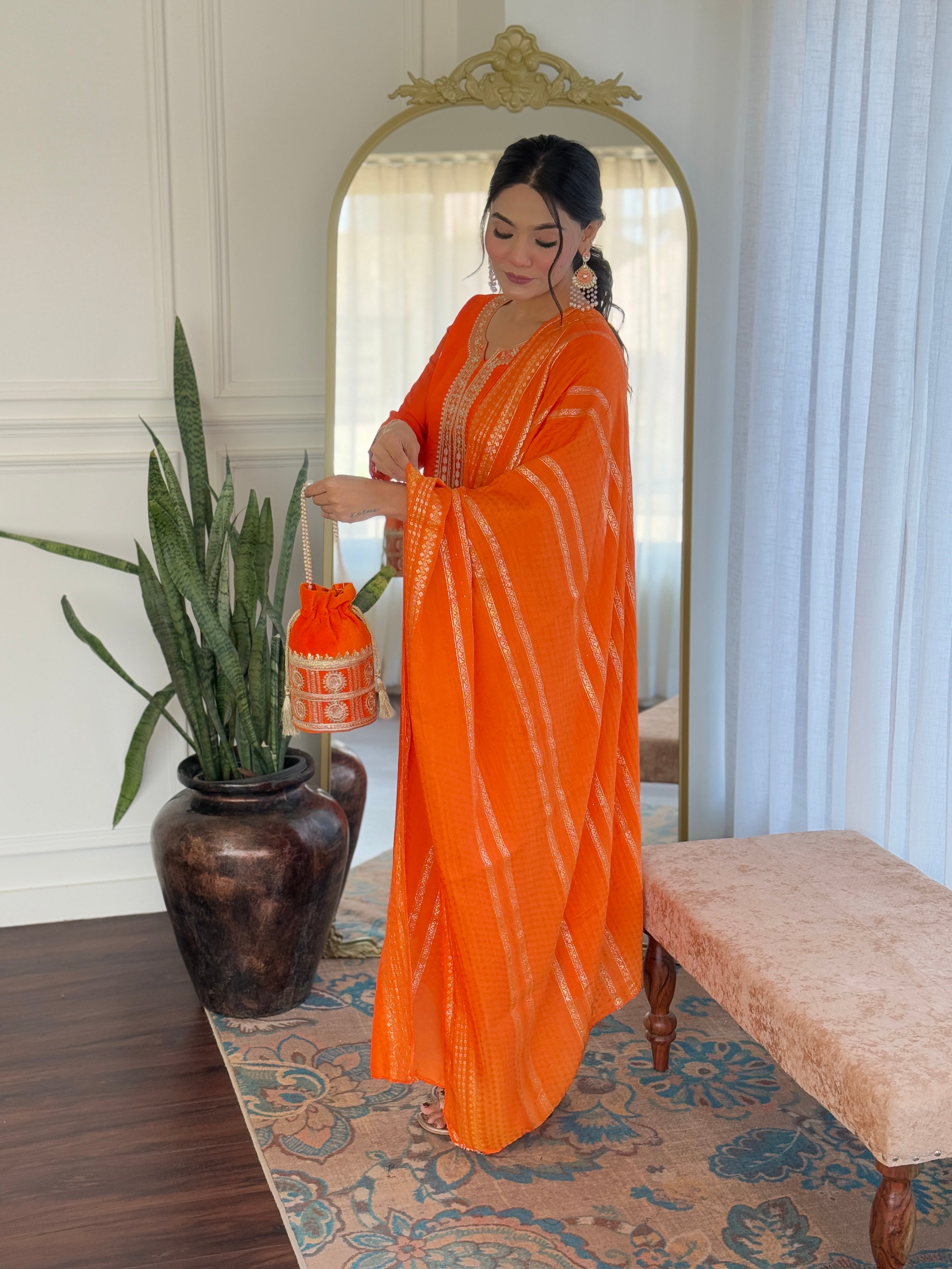 Vegles Embroidered Straight Kurti with Pants & Dupatta