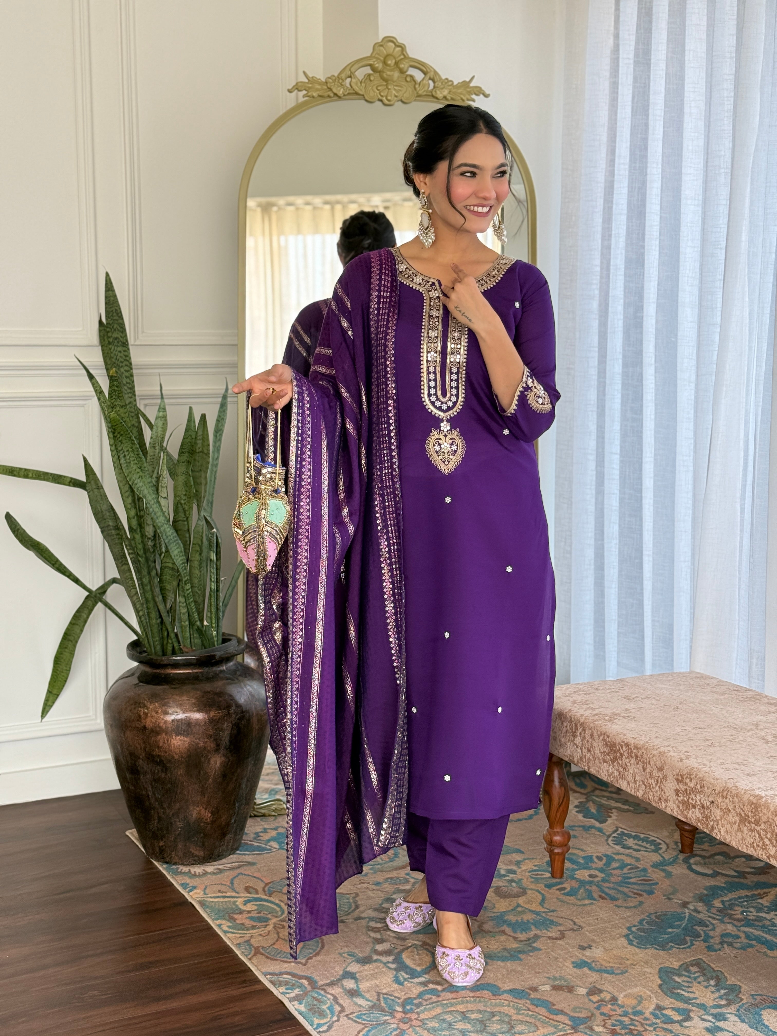 Vegles Embroidered Straight Kurti with Pants & Dupatta