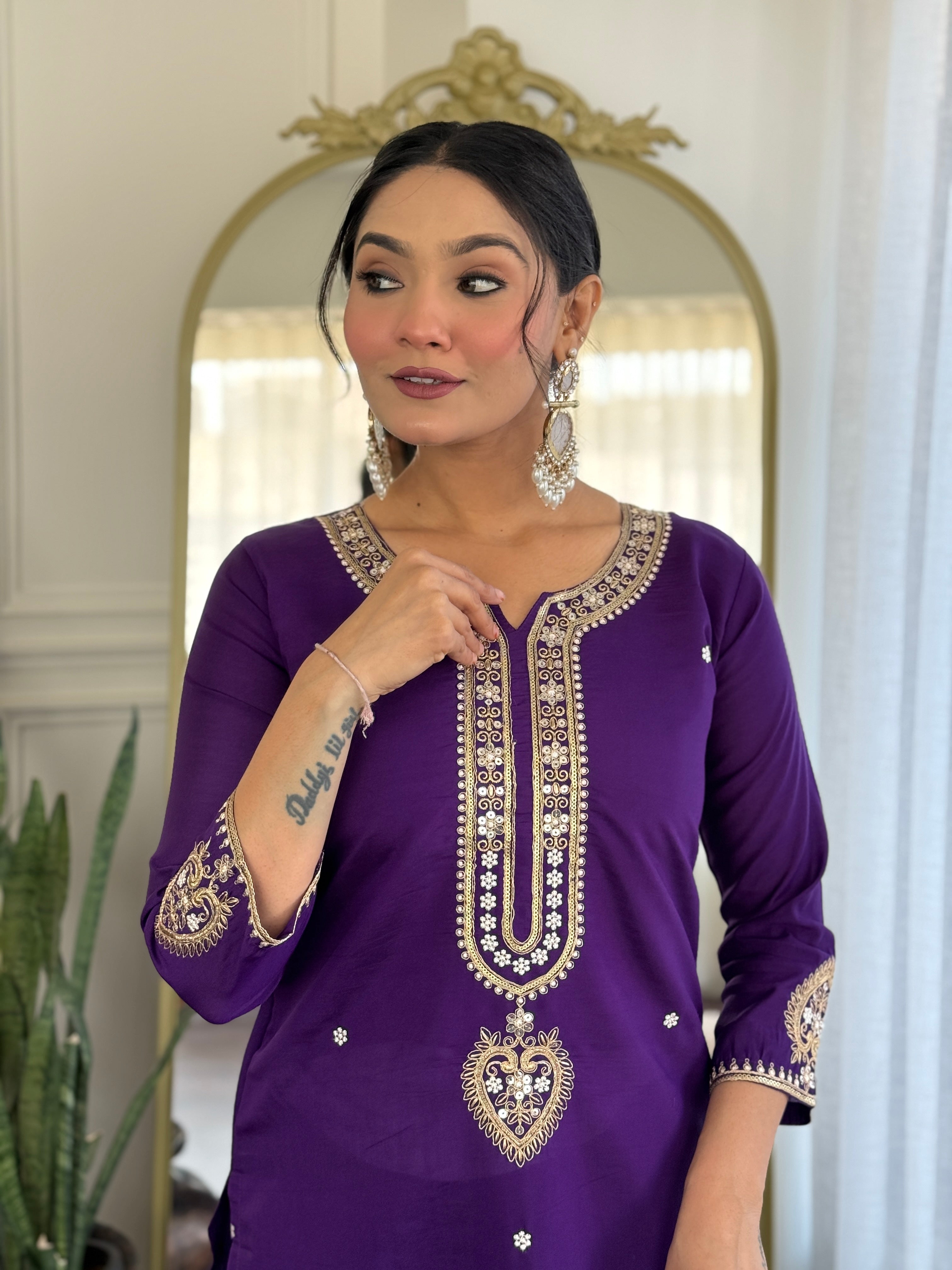 Vegles Embroidered Straight Kurti with Pants & Dupatta