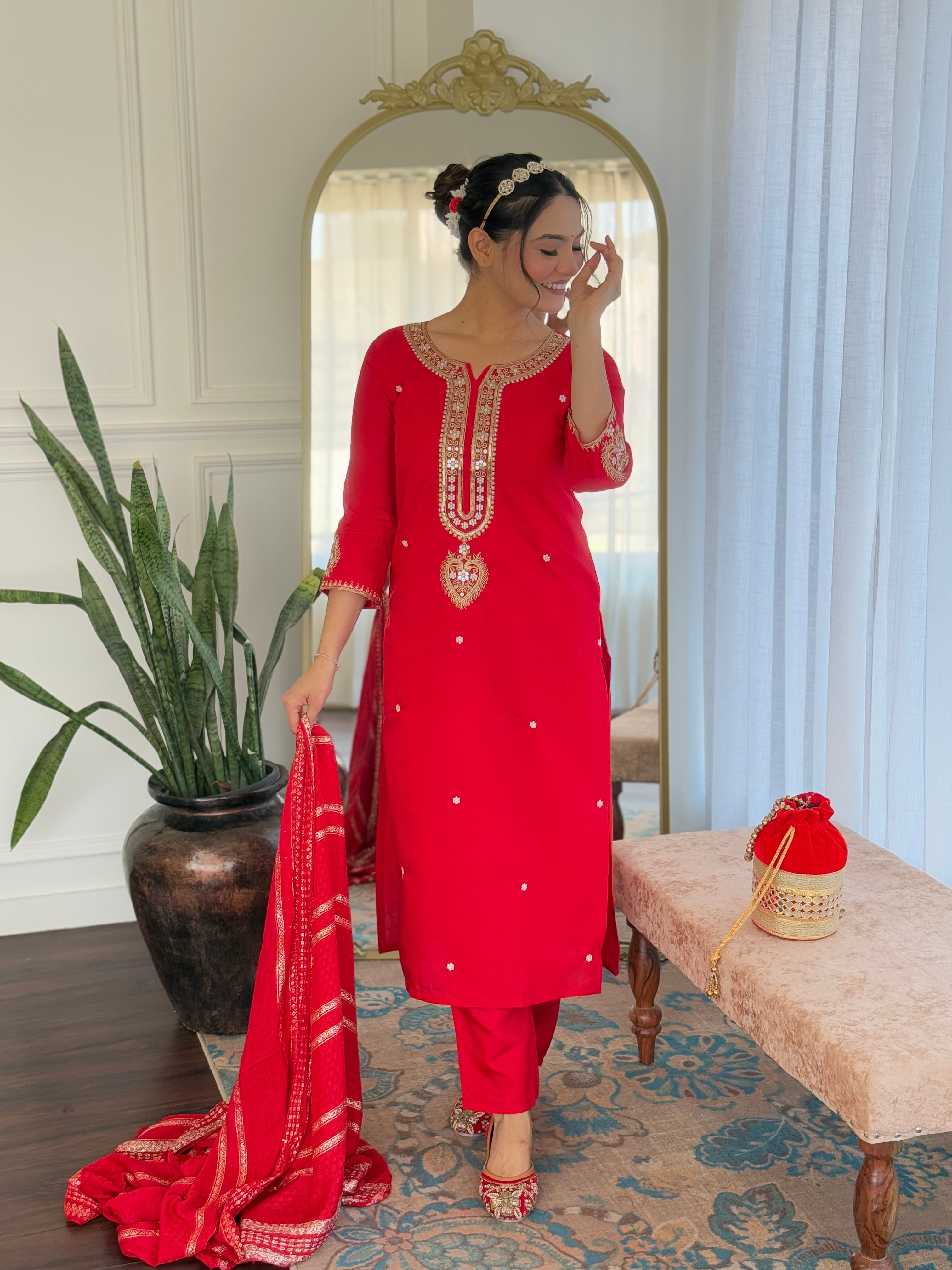 Vegles Embroidered Straight Kurti with Pants & Dupatta