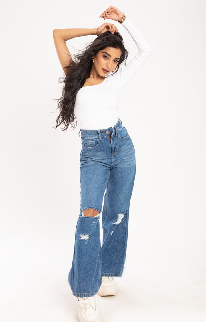 Vegles Women's Wide-Leg Distressed Blue Jeans