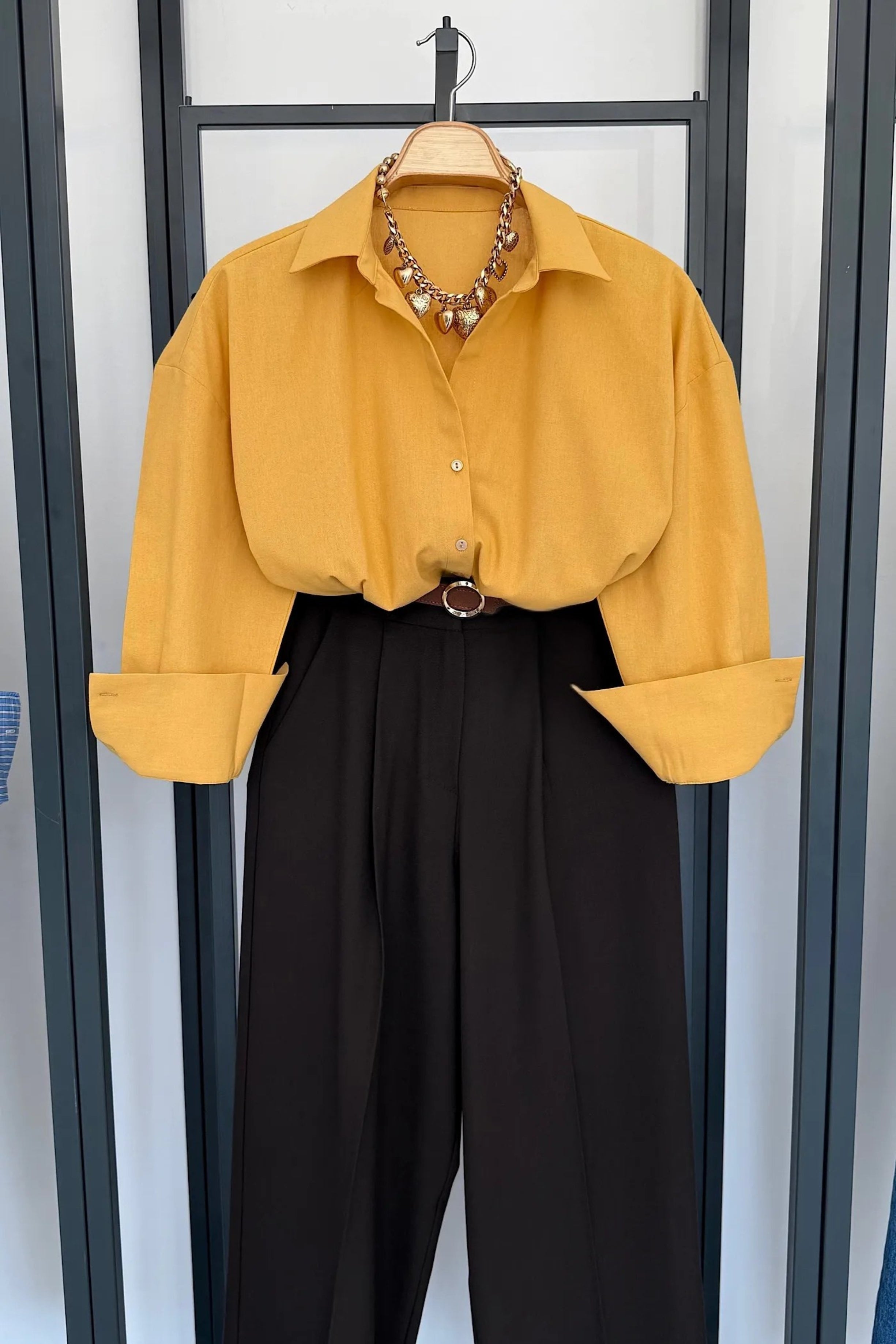 Mustard Yellow Oversized Cotton Blend Shirt for Women