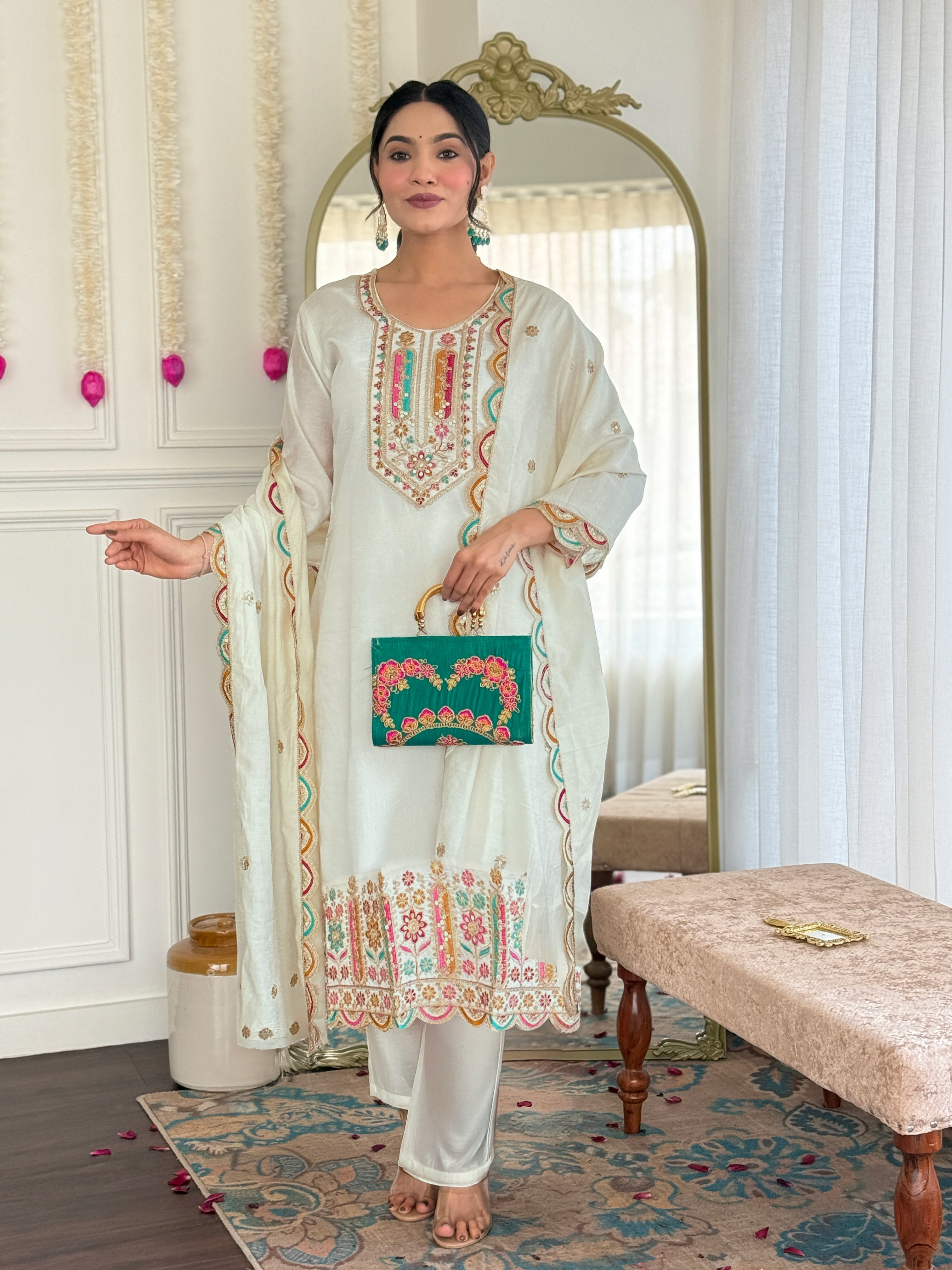 Vegles Embroidered Straight Kurti with Pants & Dupatta